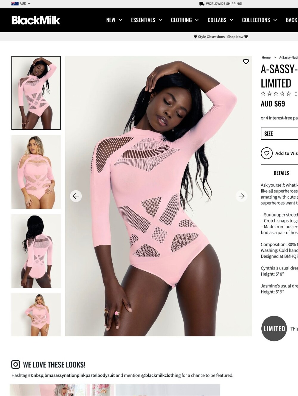 Blackmilk A-Sassy-Nation Bodysuit Pink
